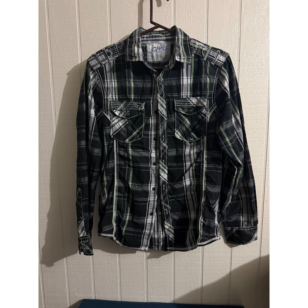 Chals Mens Small Plaid Button Down Shirt Black Green Contrast Stitch SBL00470